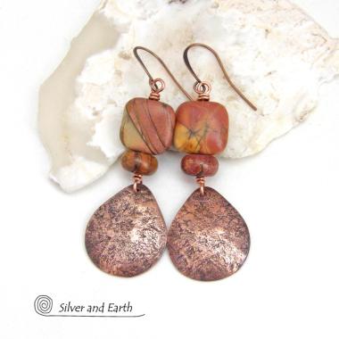 Copper Teardrop Dangle Earrings with Red Creek Jasper Stones - Handmade Earthy Natural Gemstone Jewelry