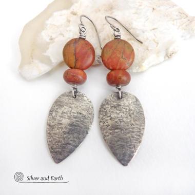 Sterling Silver Dangle Earrings with Natural Red Creek Jasper Stones