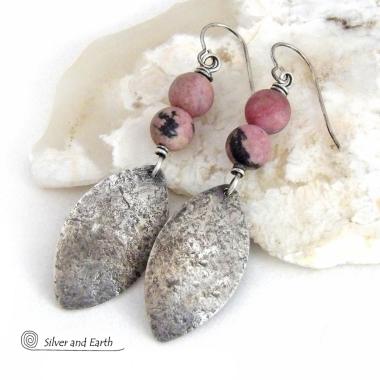 Hammered Sterling Silver Earrings with Pink Rhodonite Gemstones - Artisan Handcrafted Sterling Silver Jewelry