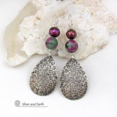 Sterling Silver Teardrop Earrings with Faceted Ruby Zoisite Gemstones and Purple Freshwater Pearls