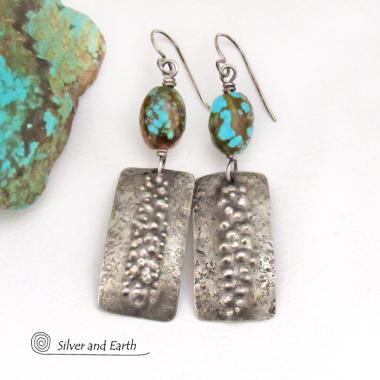 Textured Sterling Silver Earrings with Earthy Natural Turquoise Stones - Edgy Modern Organic Style Jewelry
