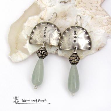 Sterling Silver Earrings with Green Aventurine Gemstones - Unique Funky Bohemian Tribal Jewelry
