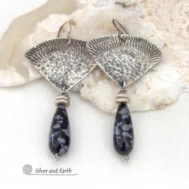 Modern Sterling Silver Earrings with Natural Snowflake Obsidian Gemstone Dangles 
