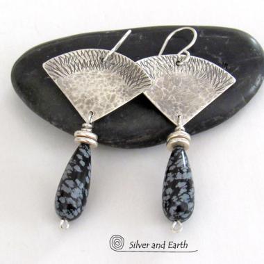 Jewelled Granite Earrings - handmade artisan Alaska granite grey gray black  white dots sterling silver srajd cserpentDesigns