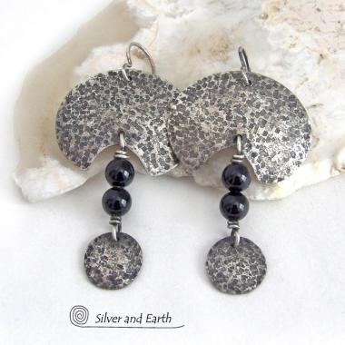 Hammered Oxidized Sterling Silver Earrings with Black Onyx Gemstones - Bold Edgy Modern Silver Jewelry
