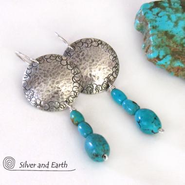 Round Sterling Silver Earrings with Dangling Turquoise Stones - Artisan Handcrafted Southwest Style Jewelry