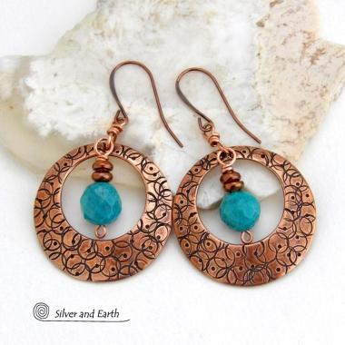These handcrafted copper hoops have a hand stamped texture and are accented with faceted natural turquoise gemstones dangling in front. Perfect for all wardrobes types - they have a trendy modern style with a touch of southwestern flair. Perfect for women that love to make a bold statement and appreciate artisan handcrafted unique jewelry. Handmade in the USA by Silver and Earth Jewelry. Your choice of ear wires - copper or hypoallergenic niobium. 