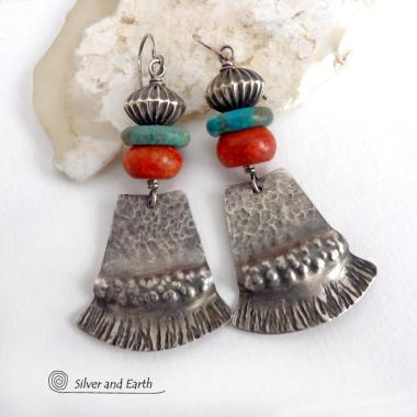 Textured Sterling Silver Earrings with Turquoise & Red Coral - Modern Southwestern Jewelry