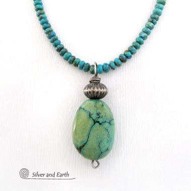 Southwestern Style Chunky Natural Turquoise Stone Pendant with Oxidized Sterling Silver Bead on Turquoise Beaded Necklace