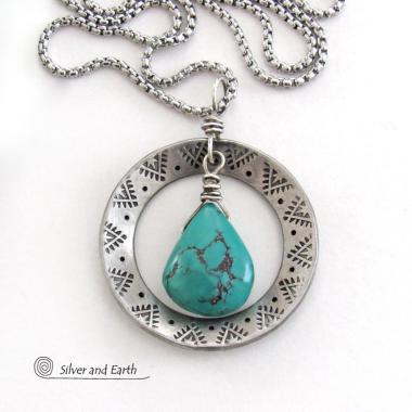 Hand Stamped Silver Pewter Circle Necklace with Natural Turquoise Stone - Southwest Style Jewelry