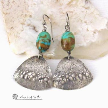 Sterling Silver Earrings with Natural Turquoise Stone Nuggets - Earthy Modern Southwest Style Jewelry 