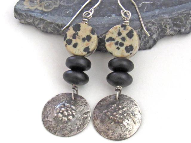 Sterling Silver Earrings with Dalmatian Jasper Stones & Black Glass Beads - Rustic Earthy Modern Artisan Handcrafted Jewelry